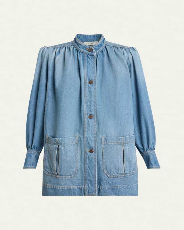 Long High Neck Gathered Denim Jacket